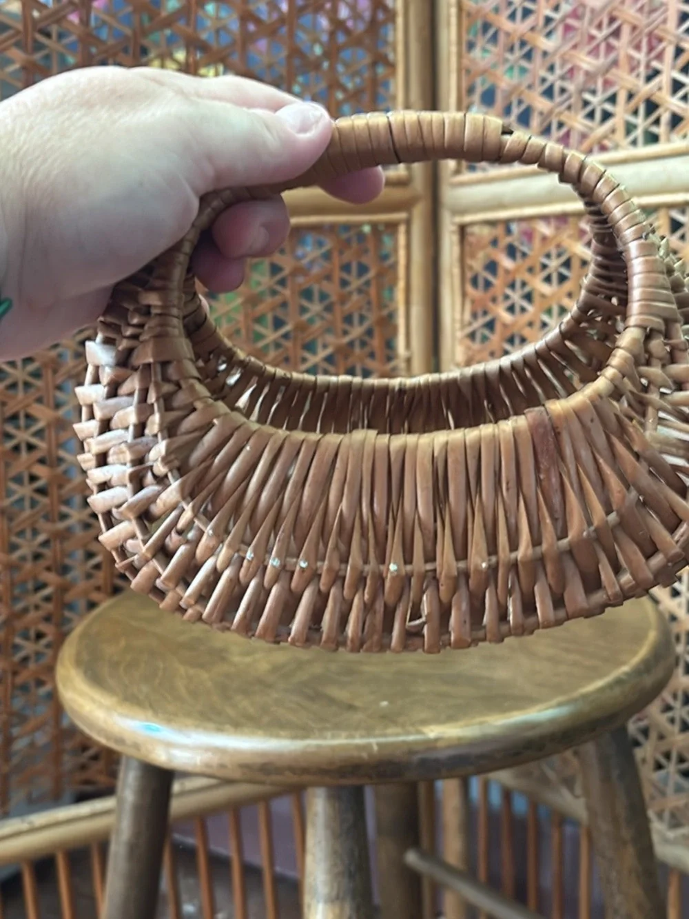 Woven Rattan Basket Handbag in Brown
